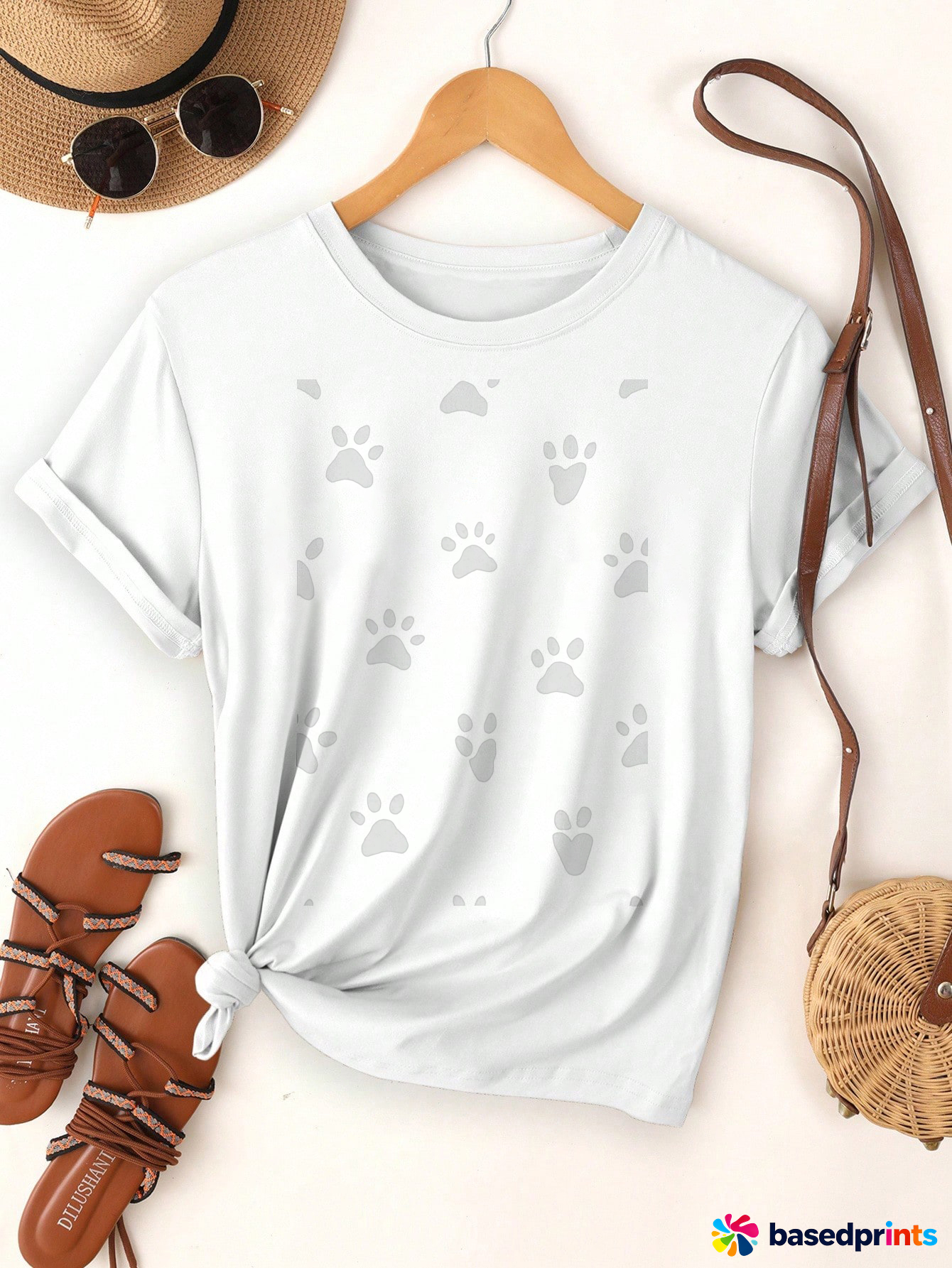 White Paw Print T-Shirt Women Casual Short Sleeve Tops