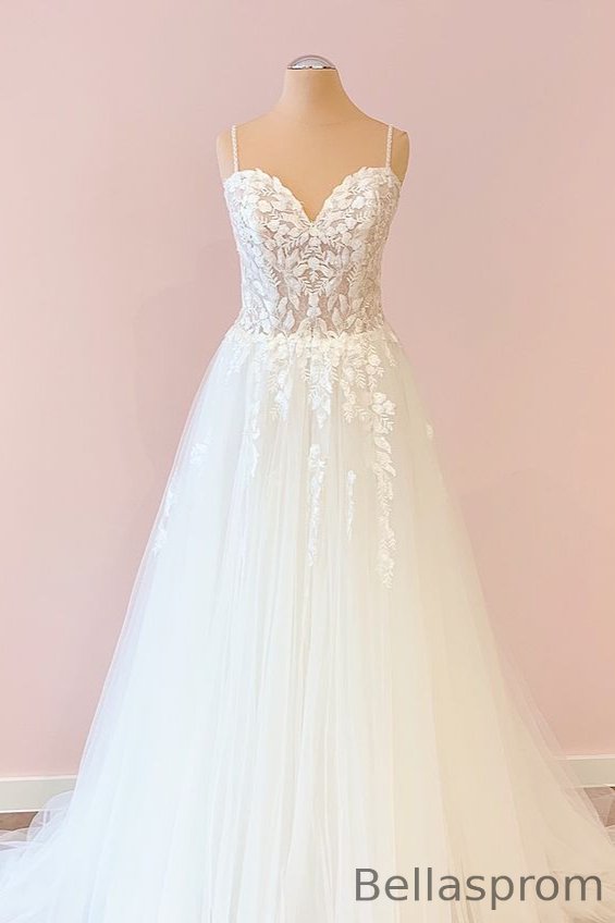Bellasprom Delicate Sweetheart Tulle Wedding Dress Lace Appliques Spaghetti-Straps Bellasprom