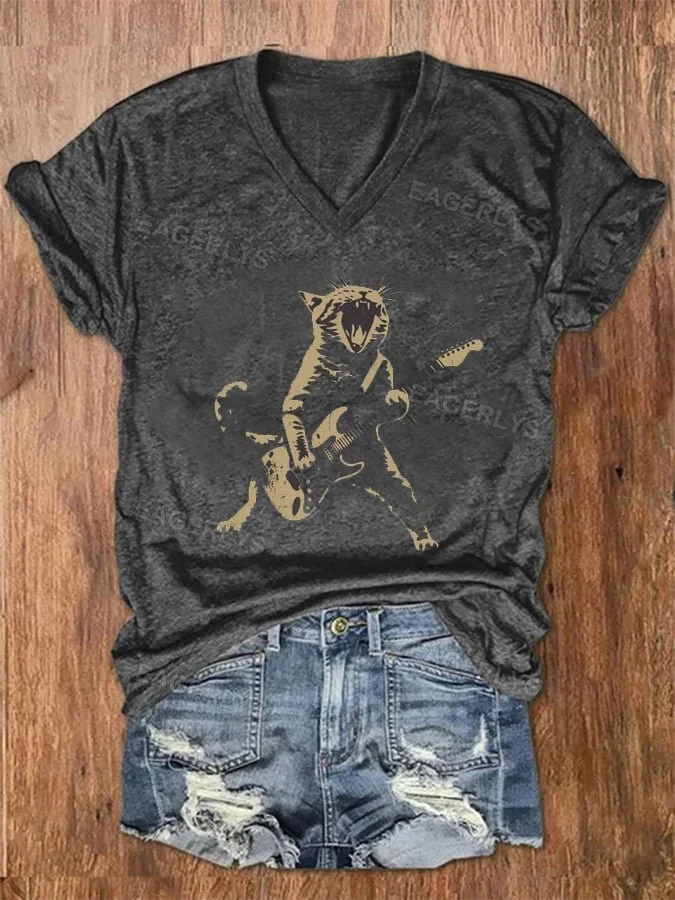 Eagerlys Women's Fun Rock Guitar Cat Print T-Shirt Eagerlys