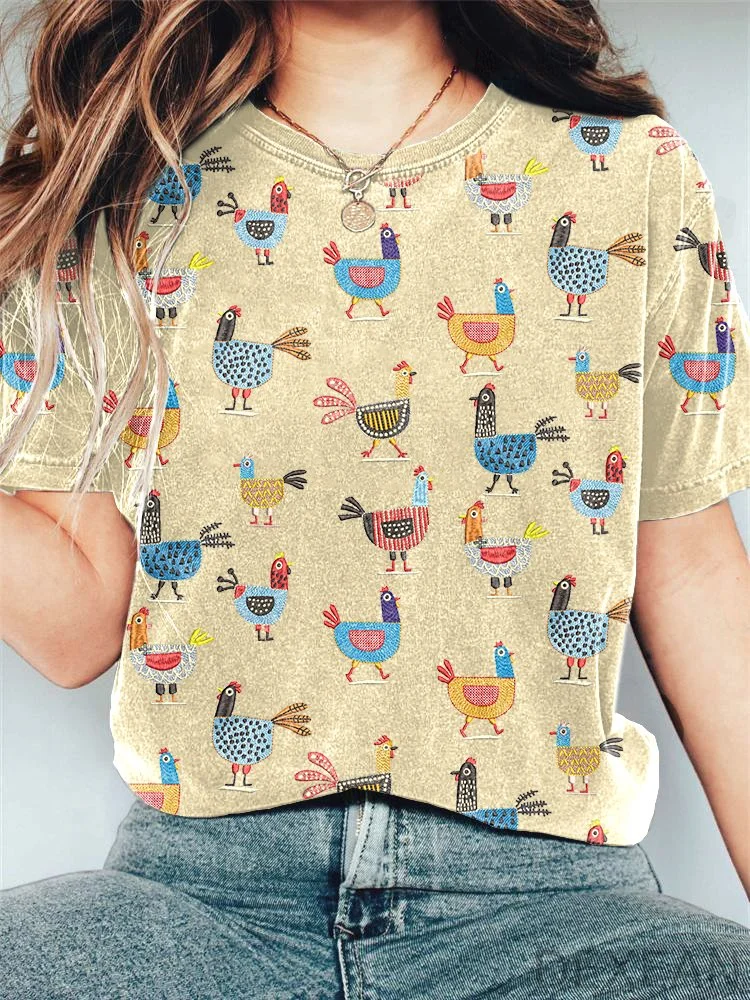 Funny Farm Chicken Embroidery Pattern Casual T-Shirt