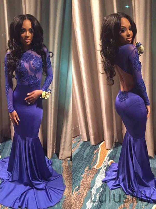 Chic Long Sleeves Open Back Prom Dress Mermaid With Lace Appliques - lulusllly