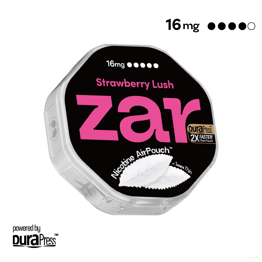 US Try zar Oral Nicotine AirPouch Strawberry Lush Flavor Fruit Flavour 16mg nicotine levels 20 pcs per can Price USD 4.9 multi-buy up to 30% discount off Authentic flavors zar pouches nicotine strip snus nicotine pouch dosh pouch