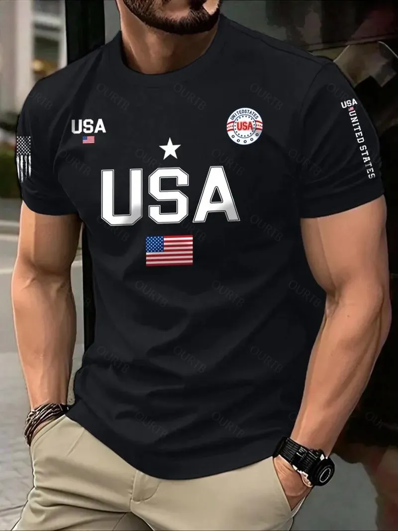 Men's USA Flag Print Round Neck Tee, Regular Fit Casual Short Sleeve Crew Neck T-Shirt for Summer, Fashion Men's Top for Daily Wear Men's USA Flag Print Round Neck Tee, Regular Fit Casual Short Sleeve Crew Neck T-Shirt for Summer, Fashion Men's Top for Daily Wear