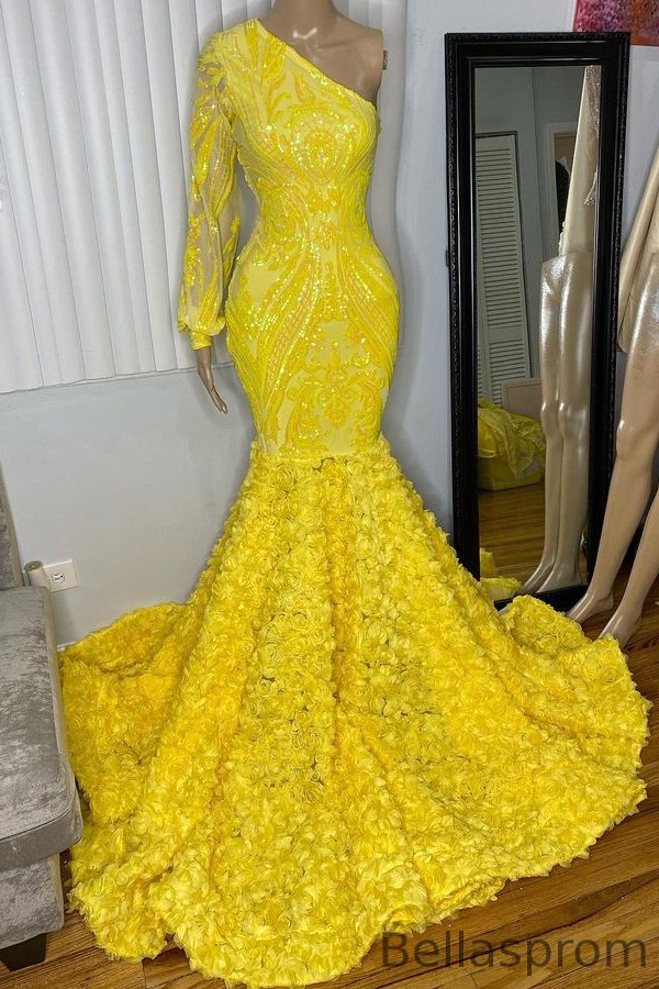 Bellasprom Yellow One Shoulder Prom Dress Mermaid Sequins Long Bellasprom