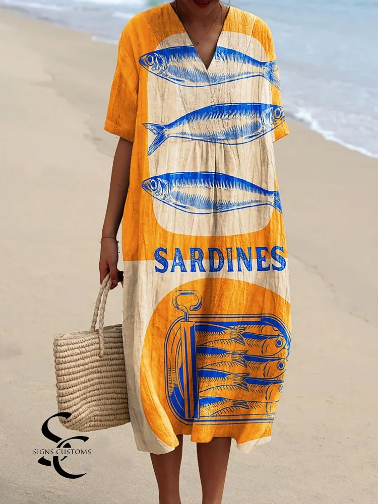 Women's Vintage Sardine Fish Art Print Flowy Dress