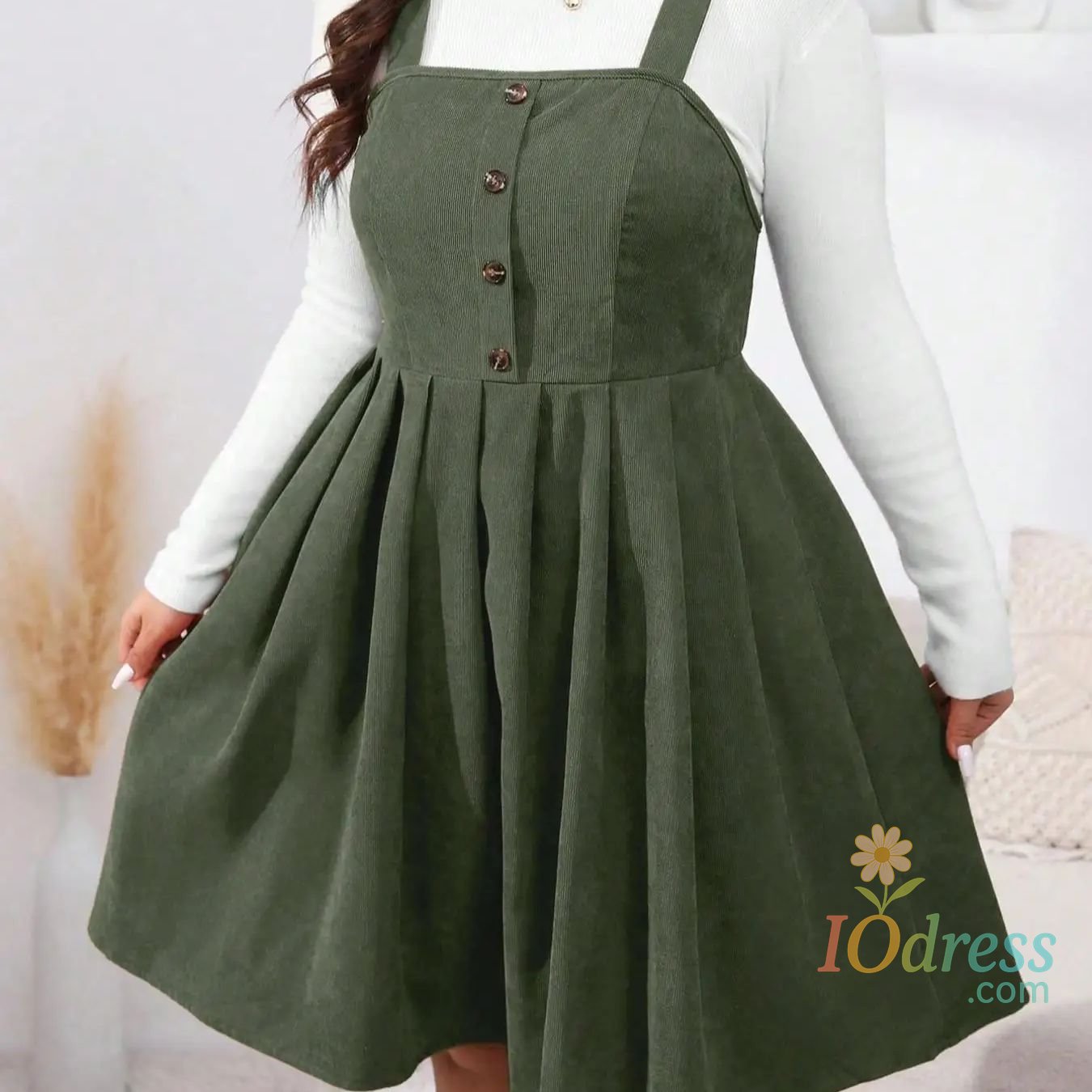 IO Dress Plus Size Button Decor Pleated Pinafore A-Line Dress, Casual Sleeveless Tank Dresses for Fall & Winter Daily Wear Holiday, Women