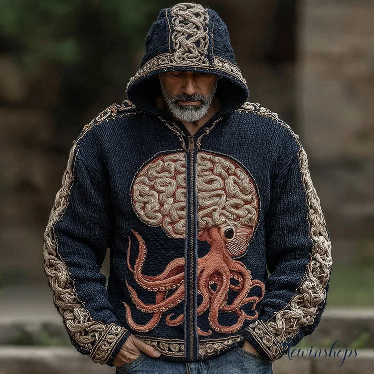 Halloween Cthulhu Octopus Human Brain Anatomy Inspired Celtic Knot Jacquard Zipper Hooded Cardigan