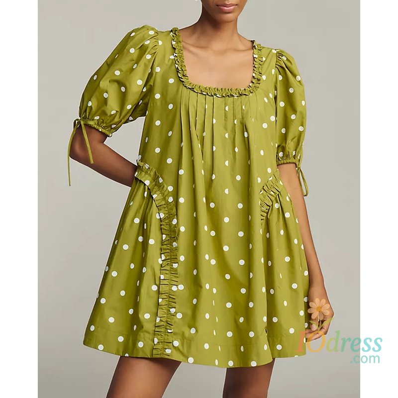 IO Dress Women Summer Vintage Bow Tied Short Puff Sleeve Ruffle Frills Pleated Square Neck Floral/Dot Loose A-line Mini Dress