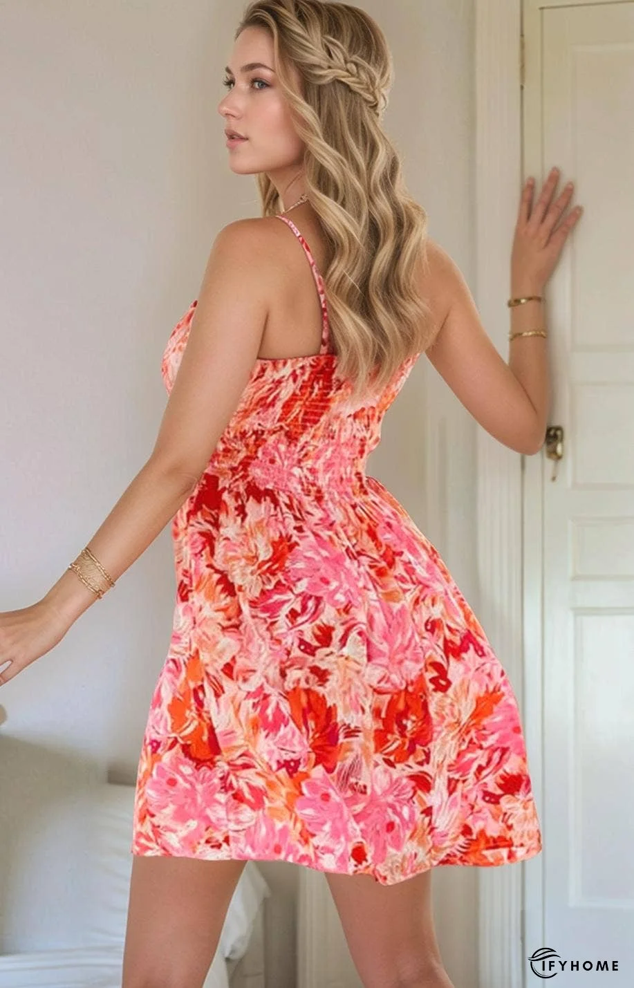 Floral Surplice Neck Shirred Waist Mini Dress | IFYHOME