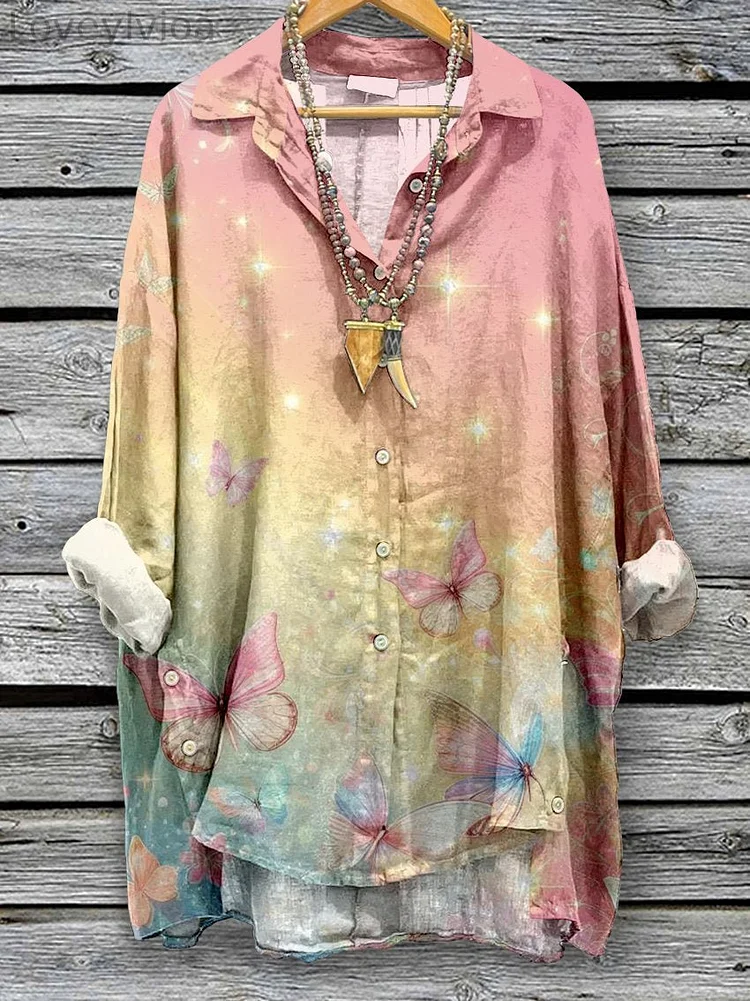 Women's Pretty Butterfly Print Casual Cotton And Linen Shirt