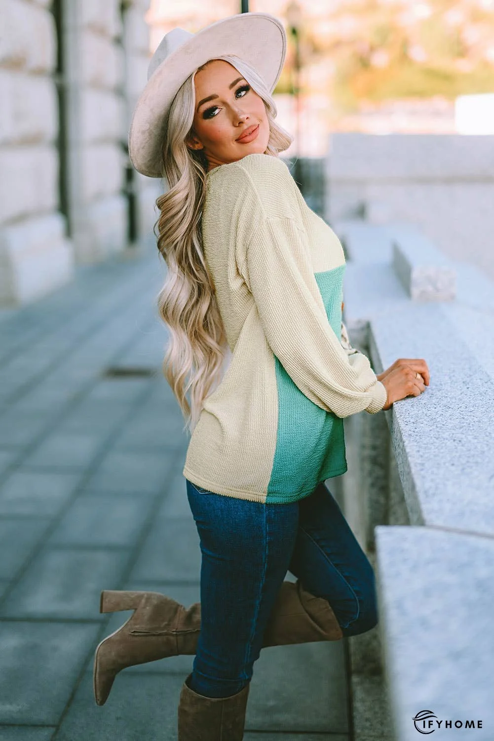 Patchwork Color Block Ribbed Long Sleeve Top | IFYHOME