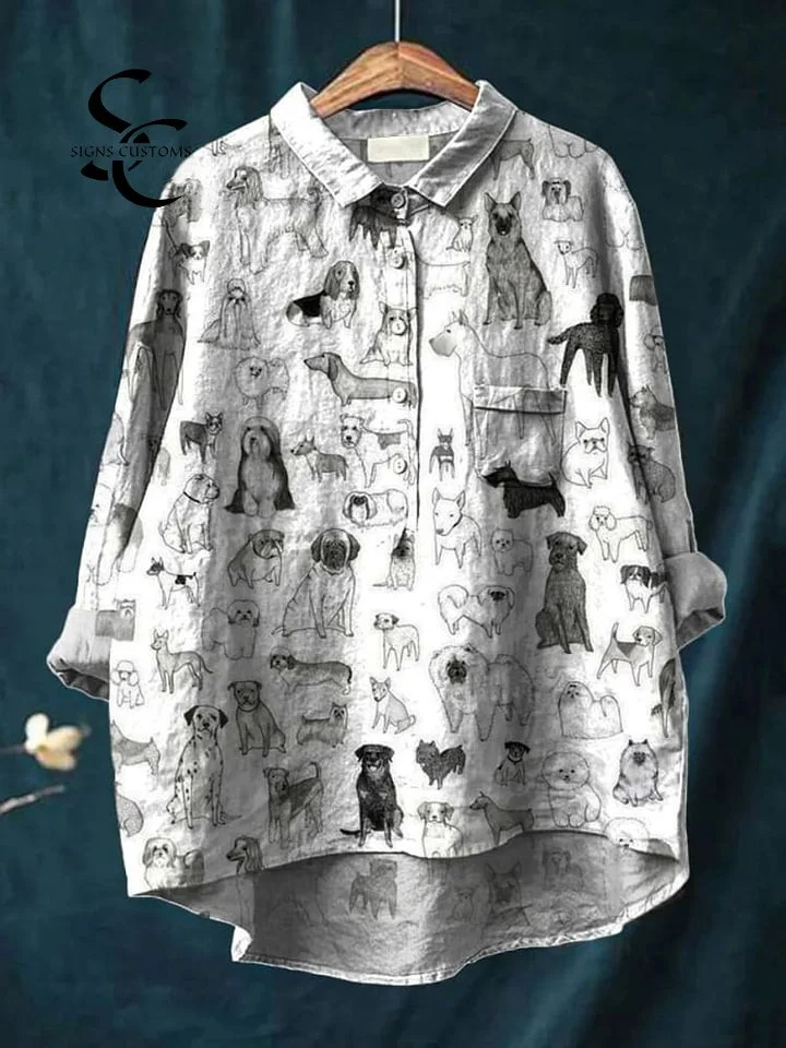 Vintage Lovely Dogs Art Print Casual Cotton And Linen Shirt
