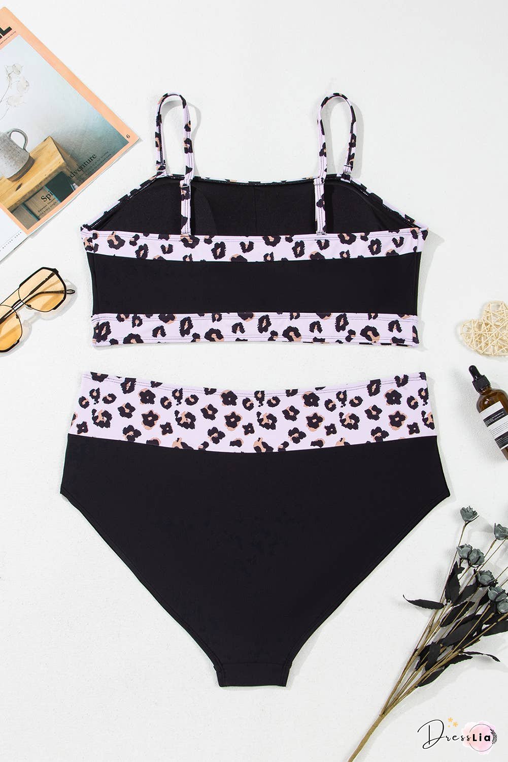Plus Size 2pcs Leopard Patchwork High Waisted Swimsuit