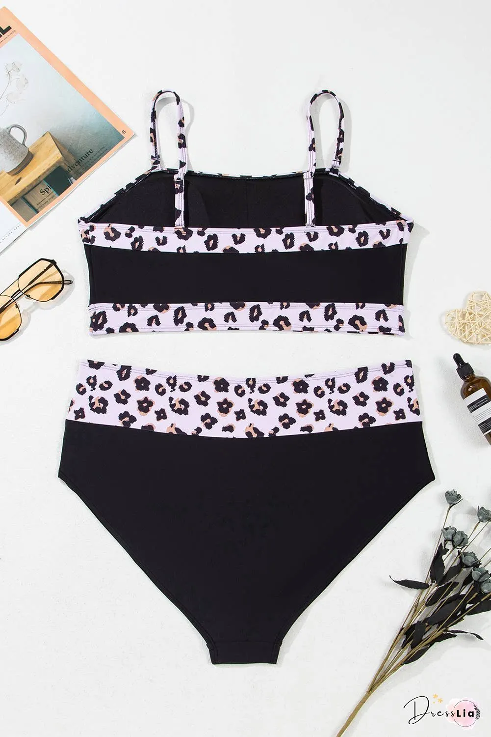 Plus Size 2pcs Leopard Patchwork High Waisted Swimsuit