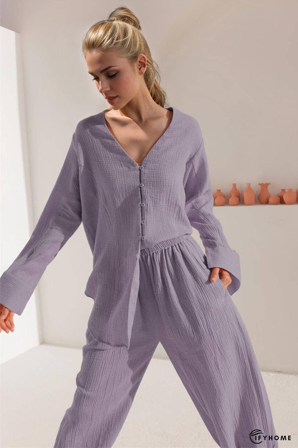 Basic Bae Buttery-Soft V-Neck Long Sleeve Top and Pants Set | IFYHOME