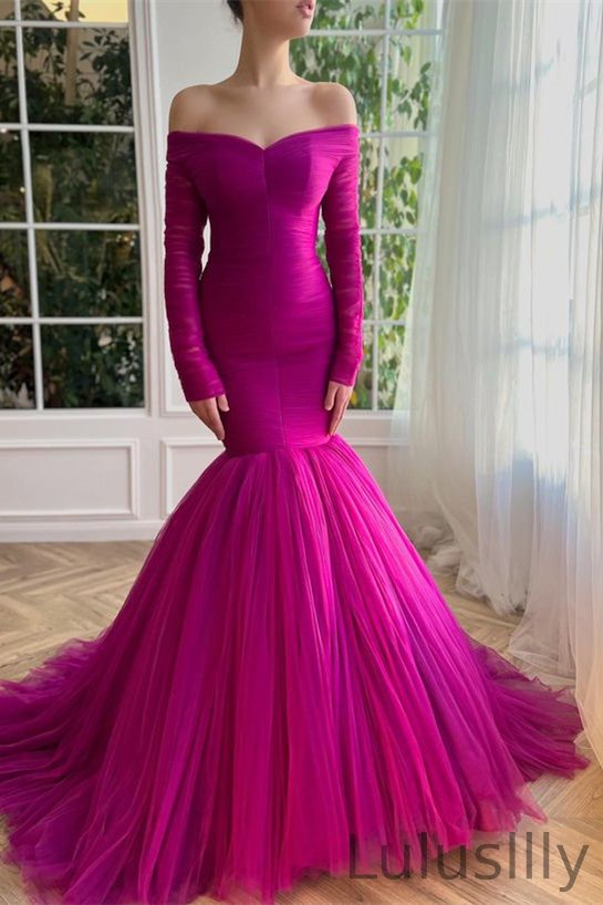 Chic Fuchsia Long Sleeves Prom Dress Mermaid Off-the-Shoulder Tulle - lulusllly