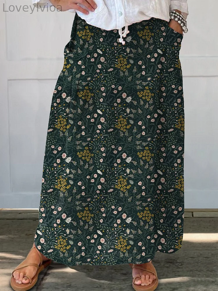 Women's Mustard Flowers and Beetles Linen Pocket Skirt