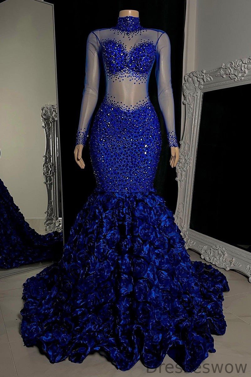 Dresseswow High Neck Long Sleeves Mermaid Prom Dress Flowers Botton With Beads