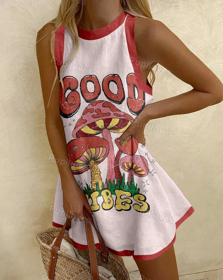 Pupiloves Pupiloves  Holiday Mushroom Print Sleeveless Dress