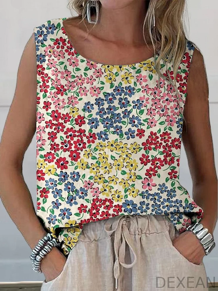 Women's Fresh Colorful Little Flowers Print Casual Cotton And Linen Tank Top