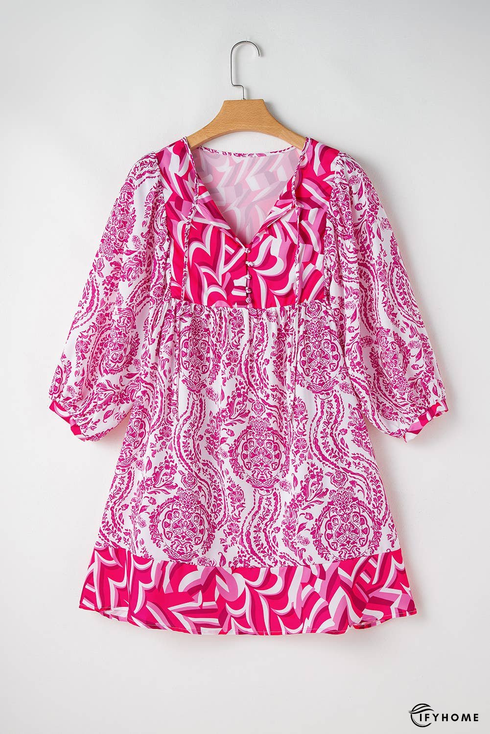 Bohemian Print Puff Sleeve Tied Flared Mini Dress | IFYHOME