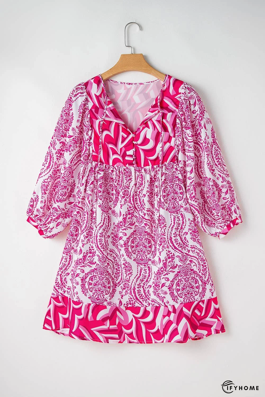 Bohemian Print Puff Sleeve Tied Flared Mini Dress | IFYHOME