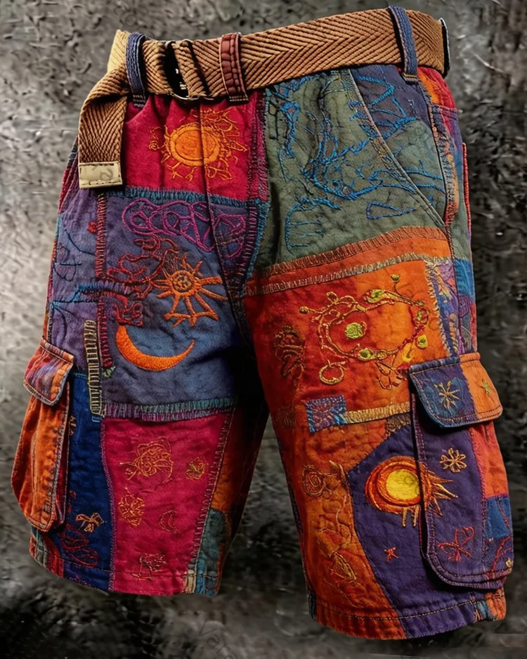 Men's Summer Outdoor Fashion Star Embroidered Color Block Patchwork Shorts    5639