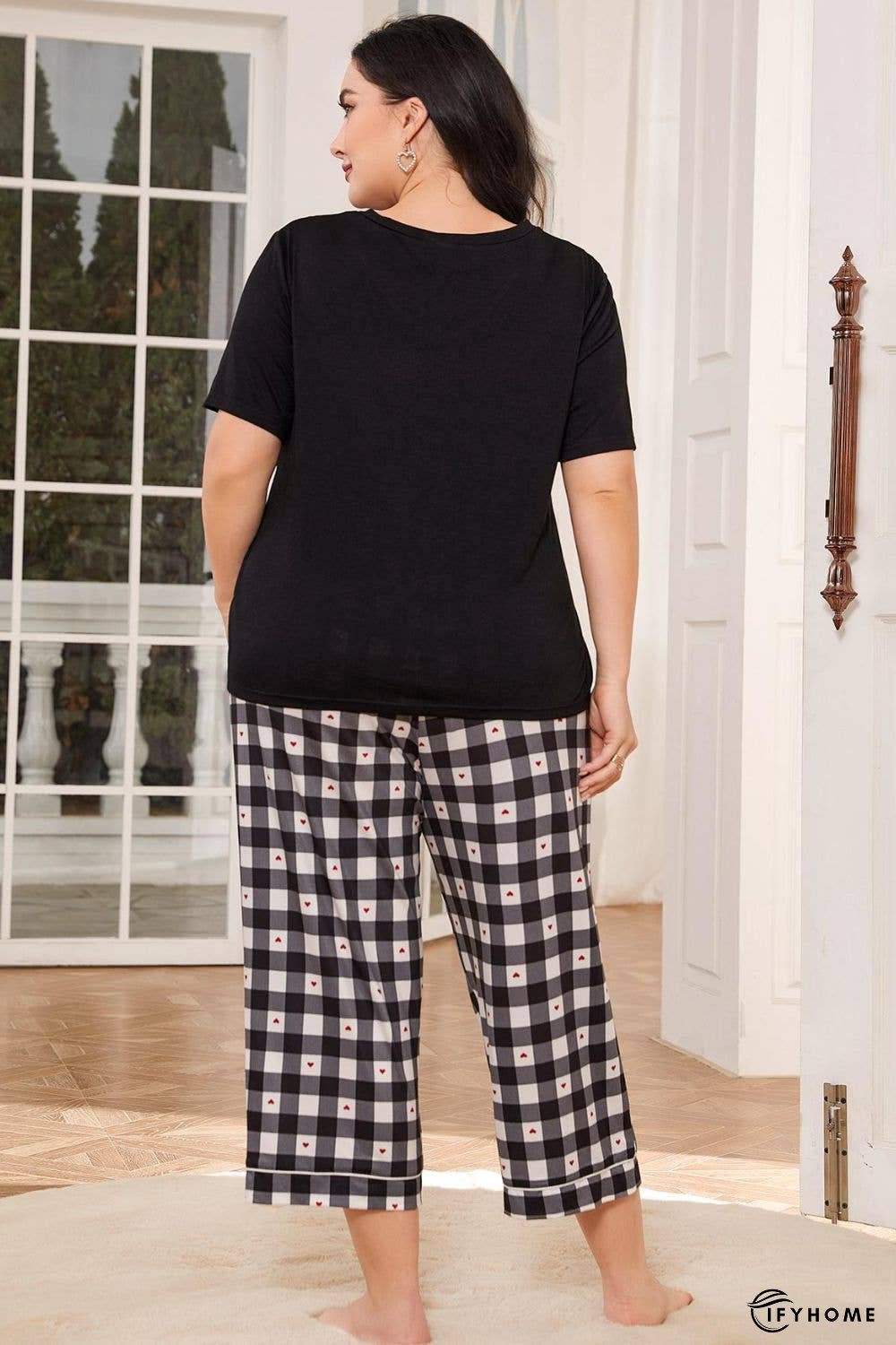 V-Neck Tee and Plaid Cropped Pants Lounge Set | IFYHOME