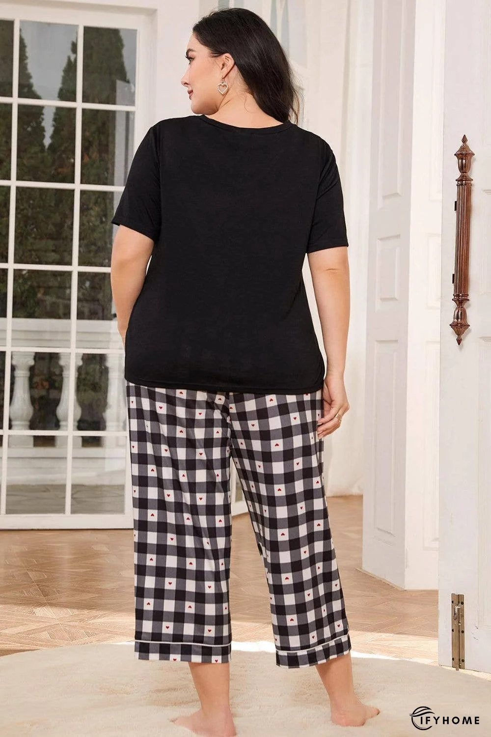 V-Neck Tee and Plaid Cropped Pants Lounge Set | IFYHOME