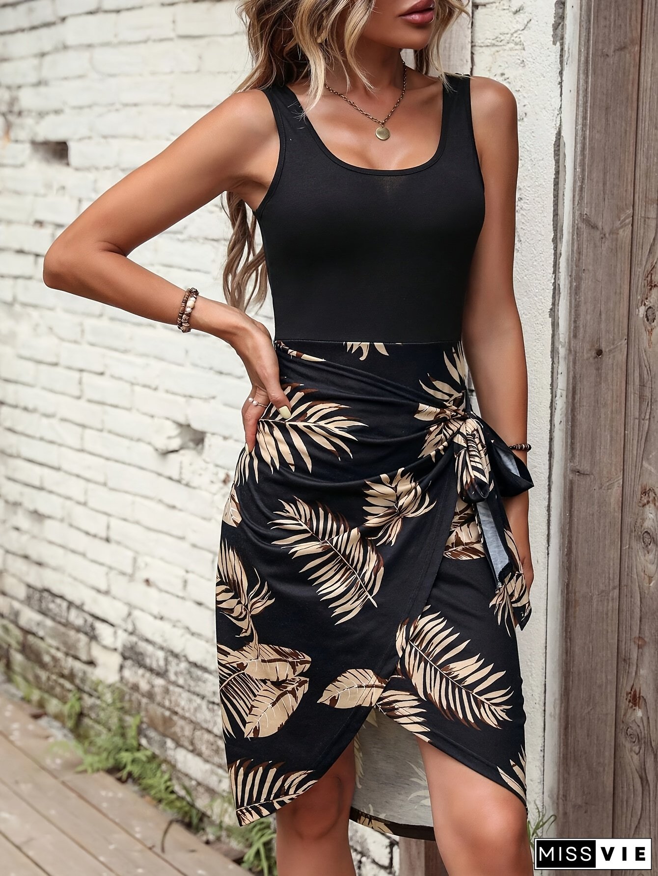 Women's Elegant Summer Tank Dress With Tropical Leaf Print, Black & Golden Color Block, Knot Side Detail, Machine Washable, Perfect For Casual Or Vacation Outings, Summer Casual Dress | Tankstyle Dress | Lightweight Fabric