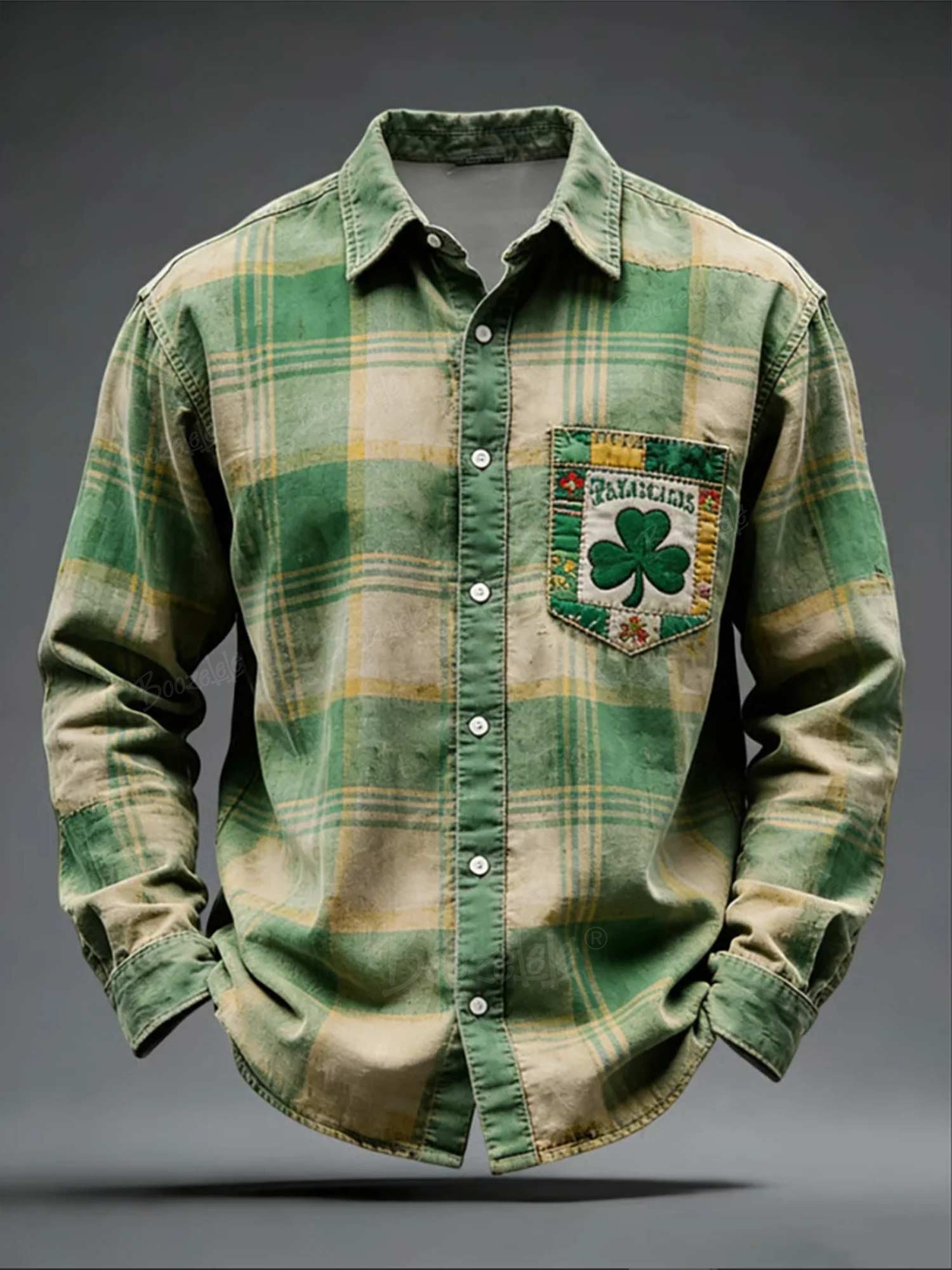 Moisture Wicking St. Patrick's Day Retro Plaid Chest Pocket Holiday  - 100% Cotton Long Sleeves Shirt