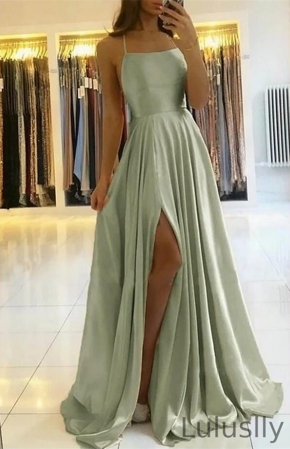 Luluslly Dusty Sage Spaghetti-Straps Long Prom Dress With Slit Online