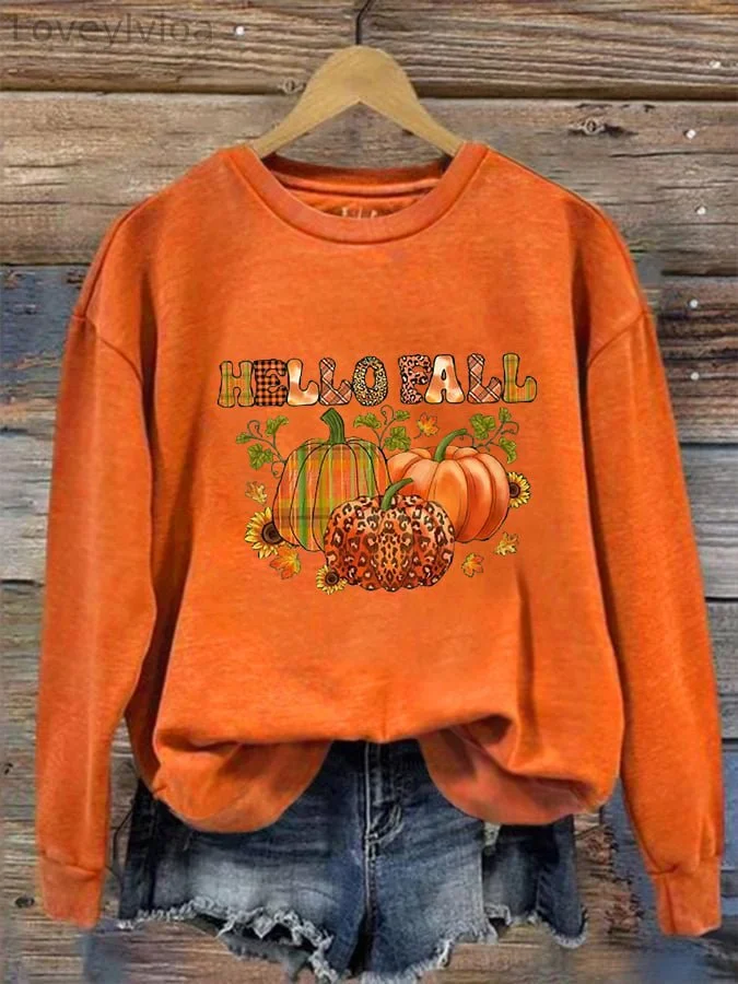 Women's Thanksgiving Hello Fall Pumpkin Print Sweatshirt
