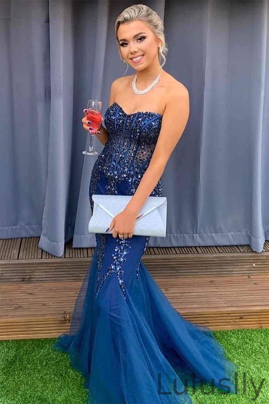 Luluslly Dark Blue Sweetheart Mermaid Prom Dress Backless With Sequins Beadings