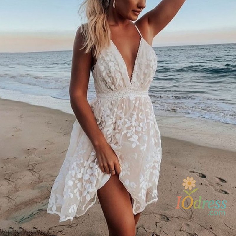 IO Dress 2025 Women Elegant Embroidery V Neck White Dress Summer Beach Slim Lace Dress Backless Casual A-line Sleeveless Sexy Dress