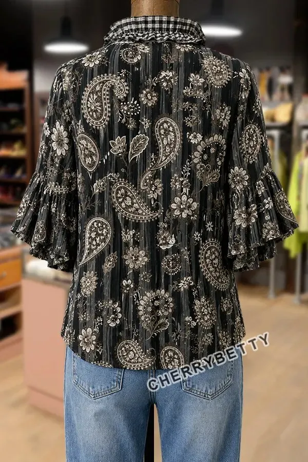 Vintage Paisley Print Gingham Ruffle Neck Top