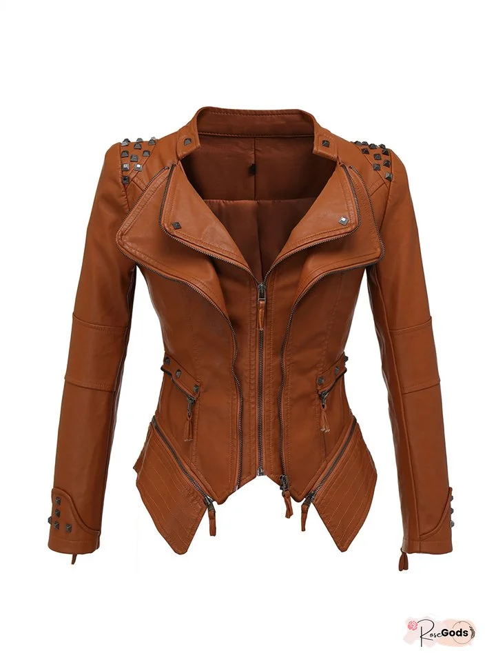 Street Swallowtail Slim Waisted PU Peplum Jacket Biker Clothing Multicolor Rivet Lapel Long Sleeve Leather Jacket Coat
