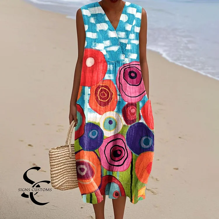 Women's Vintage Flower Art Print Sleeveless Cotton Pocket Wrap V Neck Dress