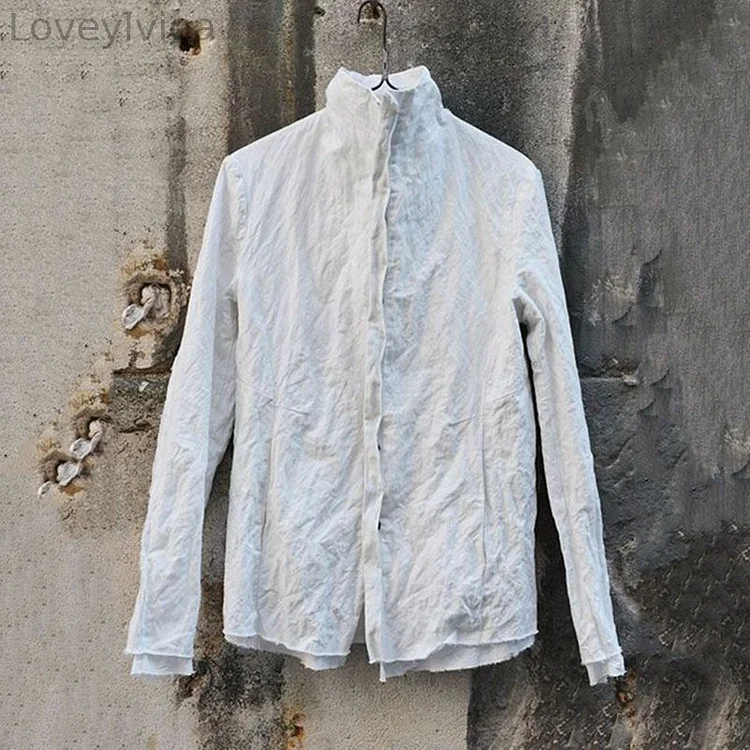 Vintage Plain Mid Neck Linen Cotton Casual Shirt