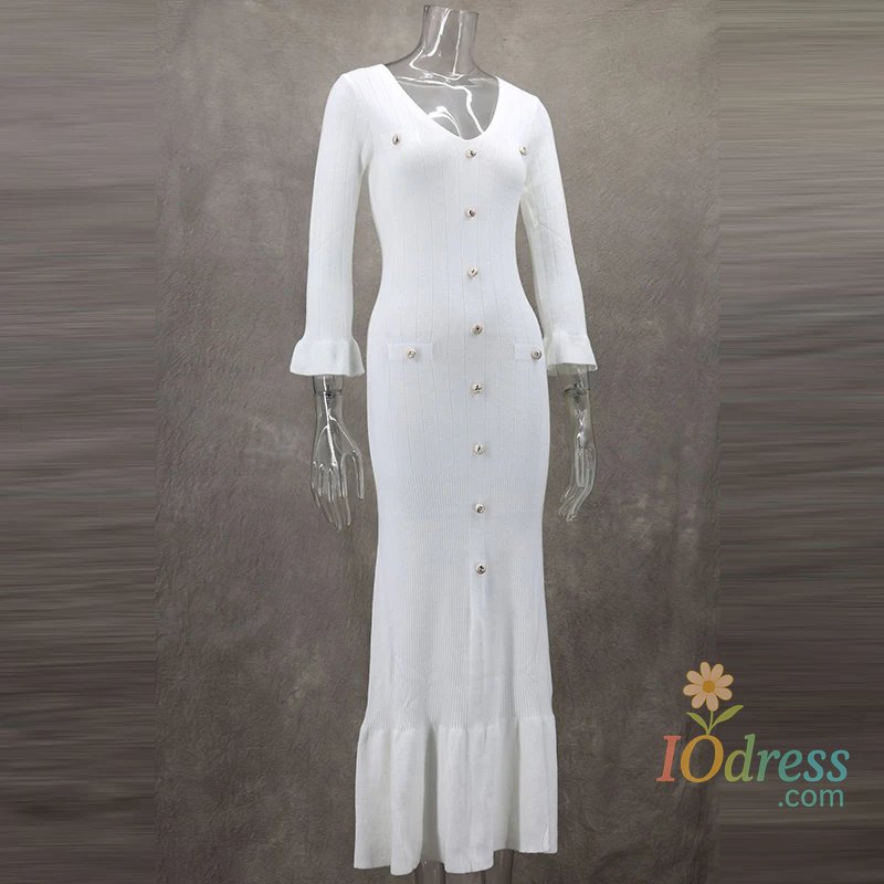 IO Dress Women's Metal Button Solid Knit Long Dresses Elegant Pleated Long Sleeves Bodycon Vestido  New Chic Summer High Street Robes