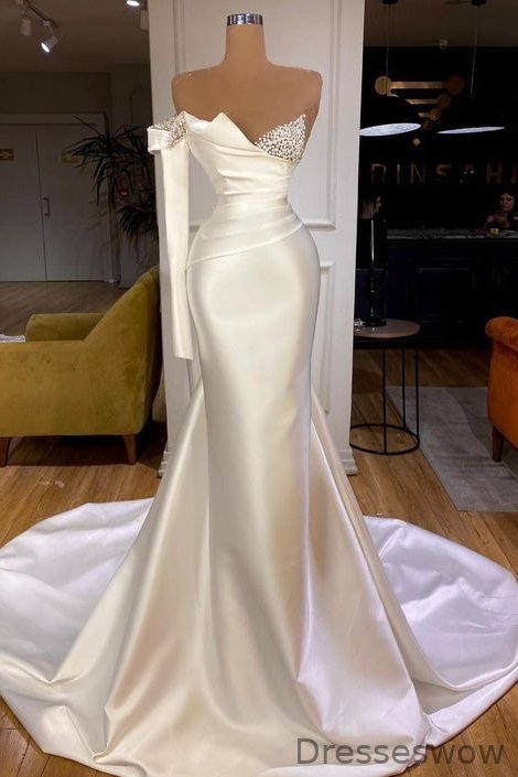 Dresseswow White Long Sleeve Mermaid Prom Gown With Pearls Off-The-Shoulder
