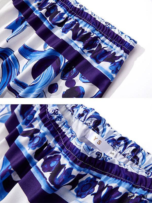 Flared Sleeves Contrast Color Floral Printed One-Shoulder Midi Dresses | IFYHOME