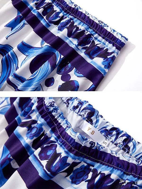 Flared Sleeves Contrast Color Floral Printed One-Shoulder Midi Dresses | IFYHOME