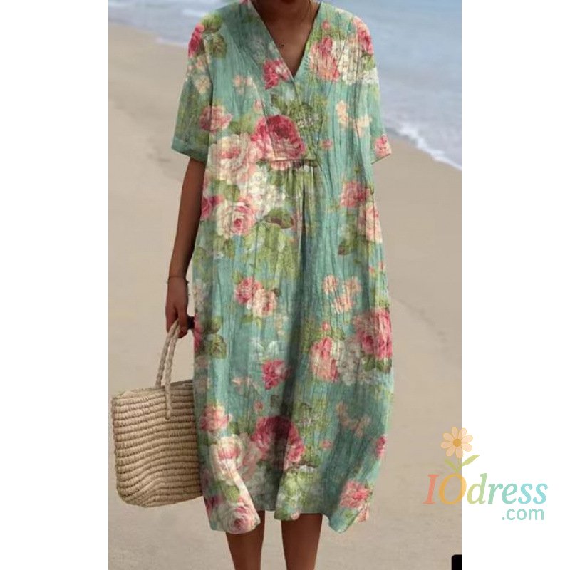 IO Dress Fashion Boho Beach Dress For Women Casual Print V Neck Short Sleeve Loose Dresses Robe Femme Holiday Womens Clothing Summer New IO Dress