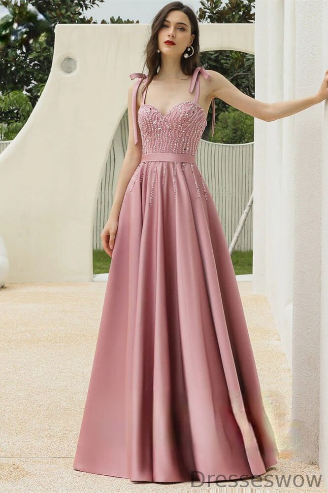 Dresseswow Dusty Pink Sweetheart Evening Dress Sleeveless ong With Beadings