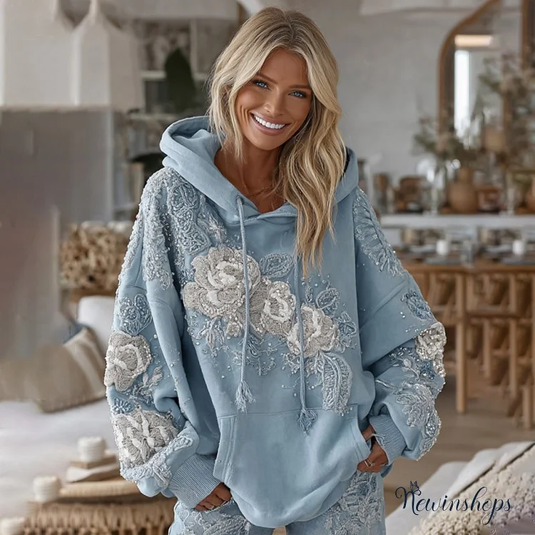 Women's Vintage Blue Rose Embroidery Long Sleeve Cozy Hooded