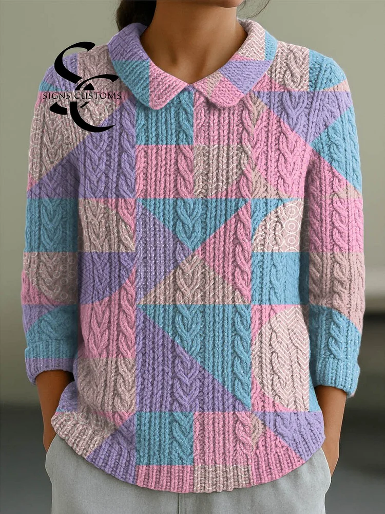 Women's Geometric Pattern Art Print Casual Peter Pan Collar 3/4 Sleeve Sweater