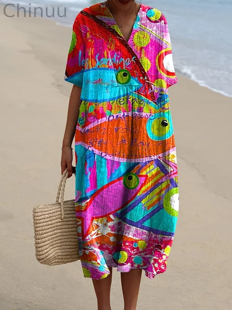 Abstract Sardine Fish Oil Painting Printed Women's Flowy Dress