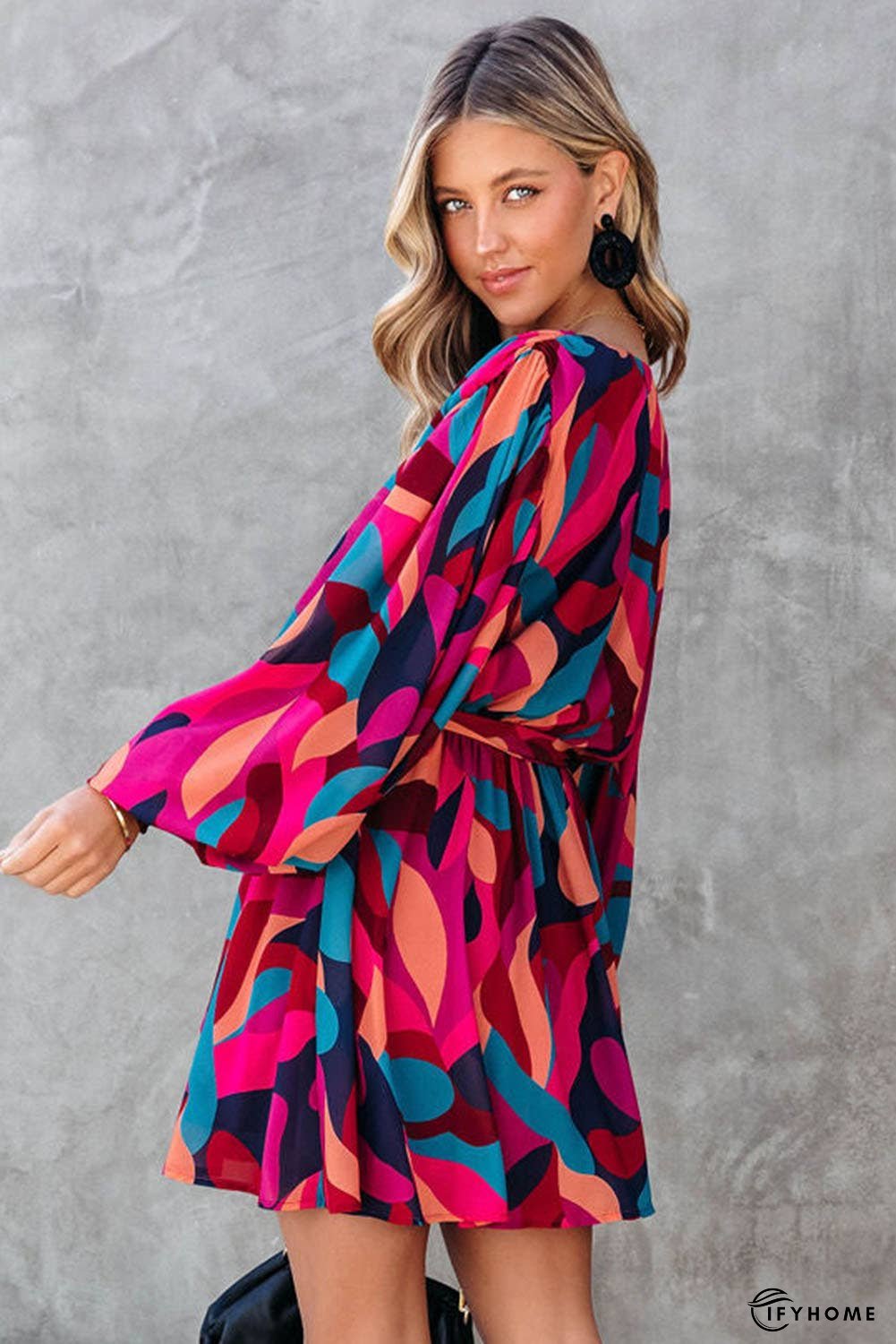 Abstract Printed Belted Puff Sleeve Mini Dress | IFYHOME