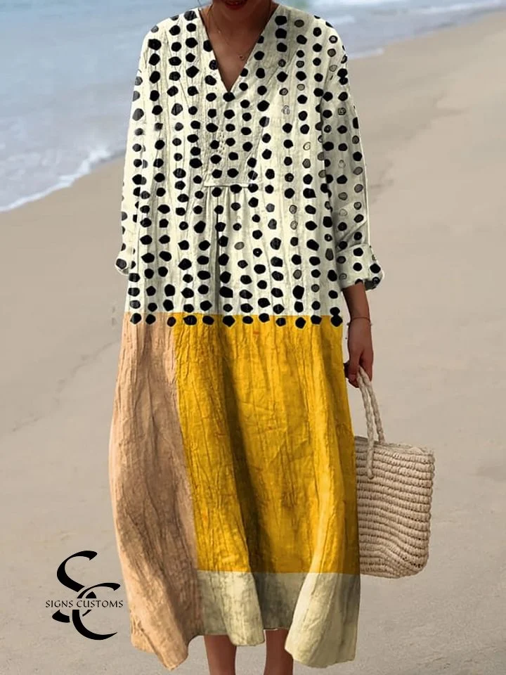 Women's Yellow Color-Blocked Dots Watercolor Fluid Art Print Flowy Dress